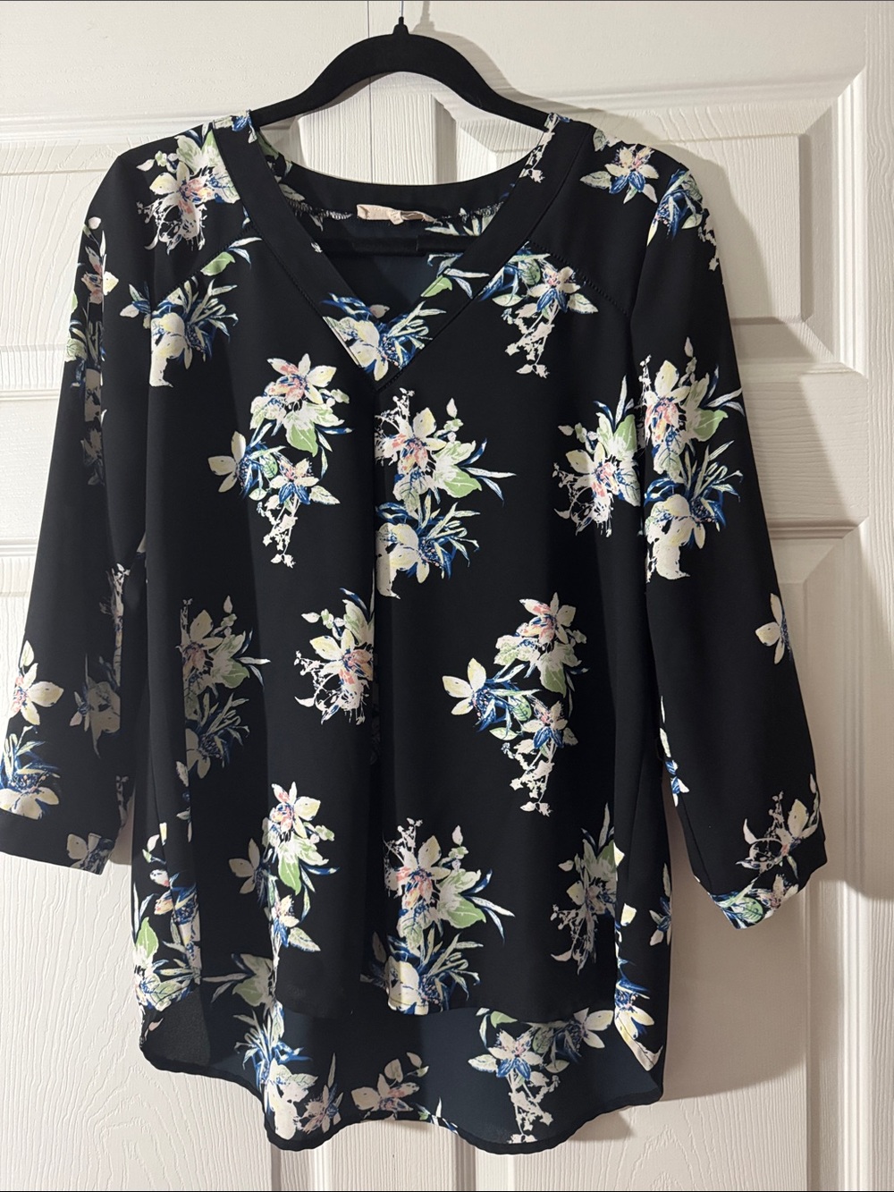 41 Hawthorn Black Floral V-Neck Blouse with Pastel Accents